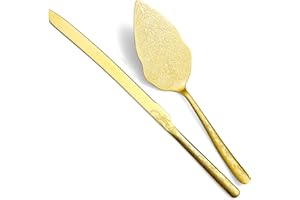 Berglander Gold Wedding Cake Knife and Server Set, Titanium Gold Plating with Unique Pattern Design Cake Cutter Serving Set P