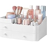 HBlife Makeup Organizer & Skincare Storage - Large Cosmetic Organizer with 3 Drawers, 8 Compartments Vanity Storage Box for Bathroom Counter, White