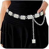 Xiokyo Square Rhinestone Concho Belt, Silver Western Cowgirl Chain Belt for Women, Adjustable 18" Extender