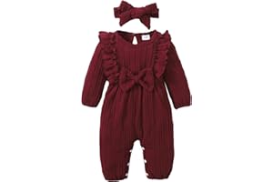 Happy Town Baby Girl Romper Infant Fall Winter Clothes Ruffle Sweater Long Sleeve Bodysuit Jumpsuit and Headband