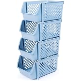 DVHOK 4Pcs Stackable Storage Basket Organizer for Food Snacks Toys Toiletries Plastic Storage Bins Blue