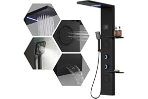BATHLAVISH LED Black Shower Panel, Shower Tower With Storage Shelf 304 Stainless Steel System With Rainfall Shower Head With Handheld Massage Body Jets Bathroom Matte Black Waterfall Bathtub