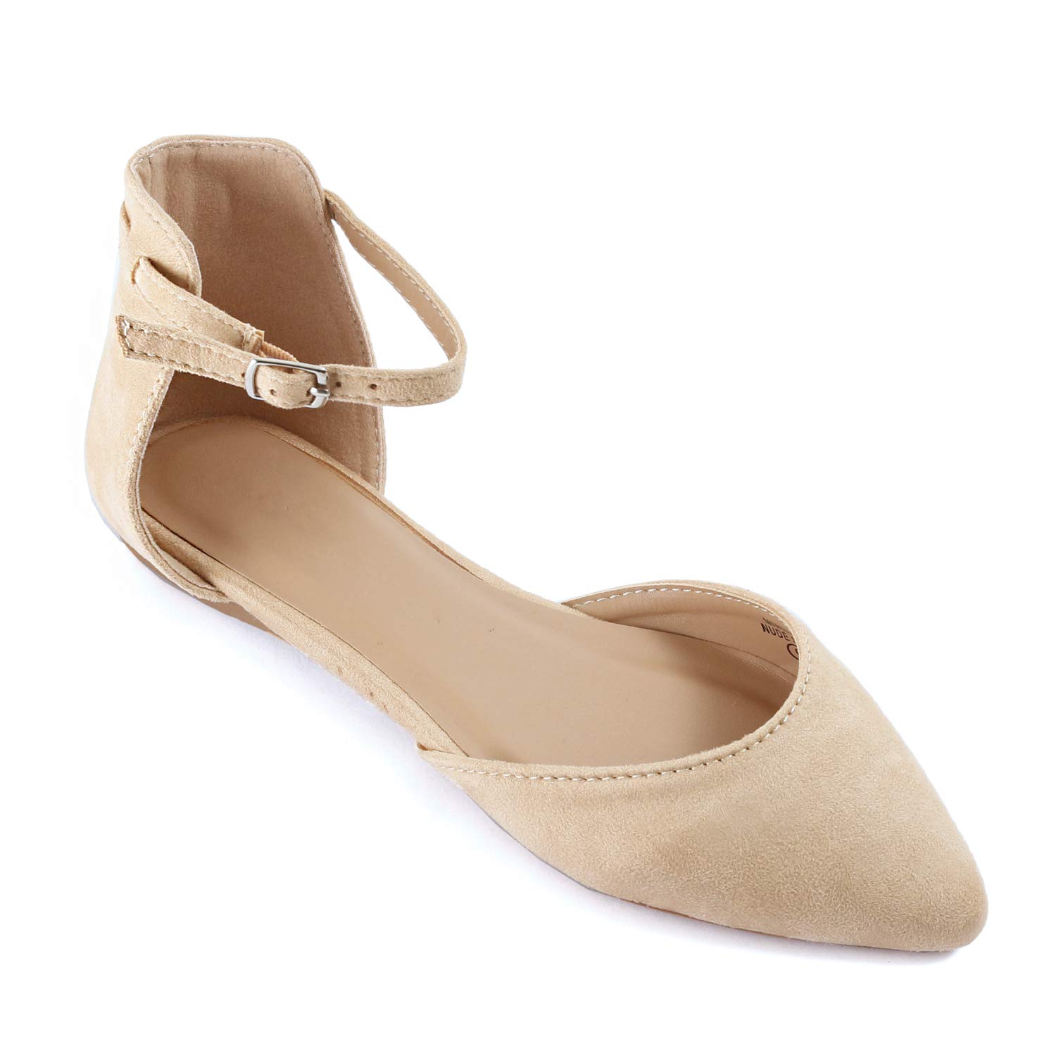Guilty Heart Womens D'Orsay Pointy Toe Ankle Strap Buckle Comfort Ballerina Ballet Flats Shoes (7 M US, Nude Suede)