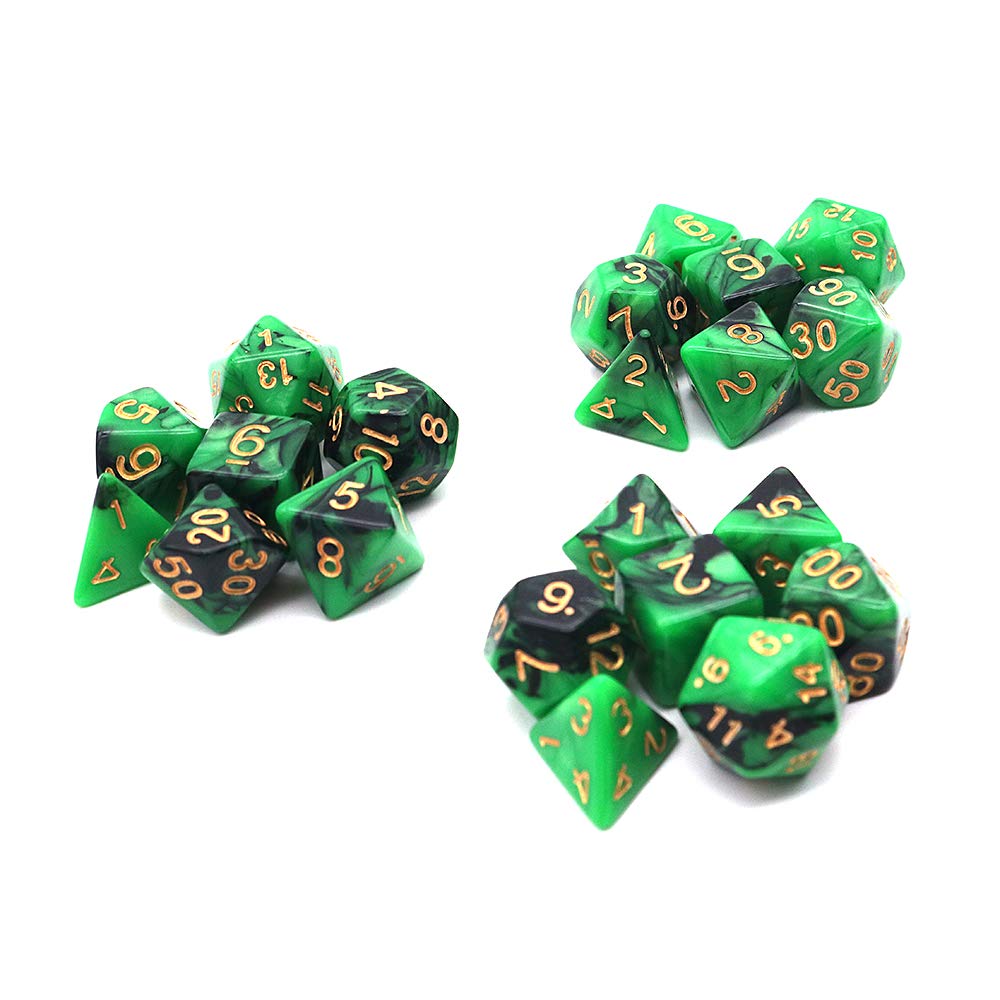 DollaTek Polyhedral Dice Set Table Games Dice 3 Sets Dice 3 x 7 (21 Pieces) Die Series D20 D12 D10 D8 D6 D4 DND dice DND RPG MTG Double Colors One Piece (Black and Green)