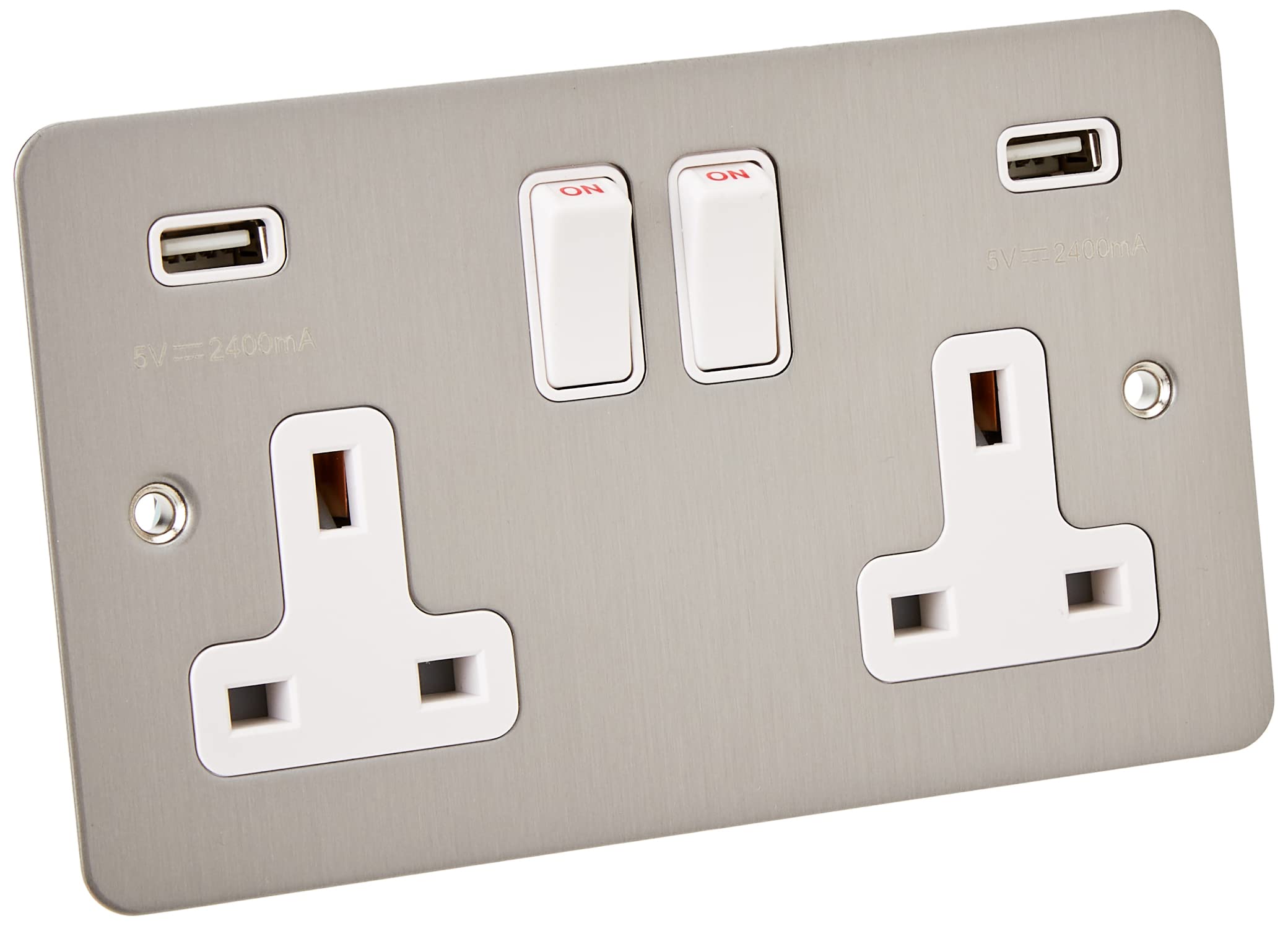 AET USBFSC2GSOCWH 13 A 2-Gang Satin Chrome Flat Double Plug Socket Dual USB Power Outlet W/USB Charging Ports with White Insert Plastic Rocker Switches