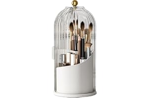 360° Rotating Makeup Brush Holder with Lid - Dustproof & Waterproof Clear Organizer for Vanity, Bathroom, and Countertop - Ma