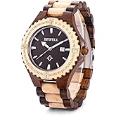 BEWELL ZS-W023A Mens Wooden Watch Quartz Movement Lightweight Handmade Calendar Analog Wrist Watch