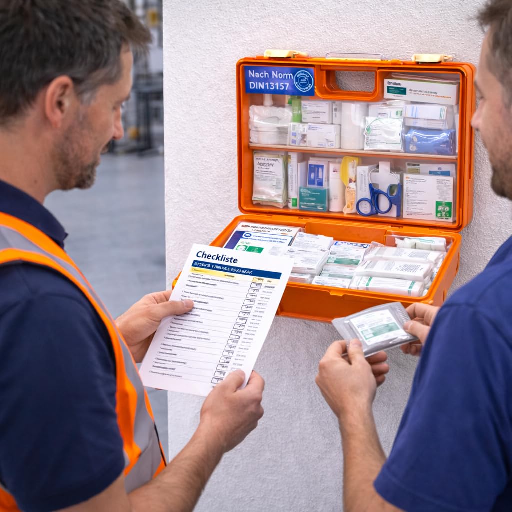 Erste Hilfe Kasten - DIN 13157 Koffer für Unternehmen & Betriebe - Verbandskasten orange nach aktueller Norm geprüft - Mit Aufkleber & Wandhalterung 3