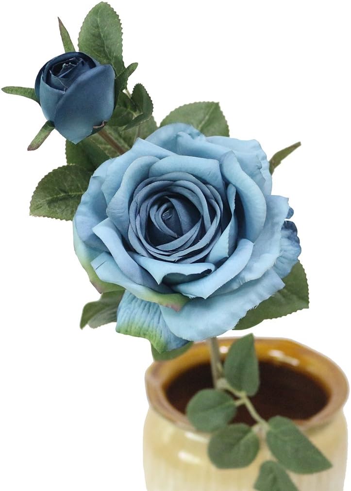 JAROWN Artificial Rose Silk Flowers Fake Leaves Long Branches for Home Wedding Decoration (Blue)