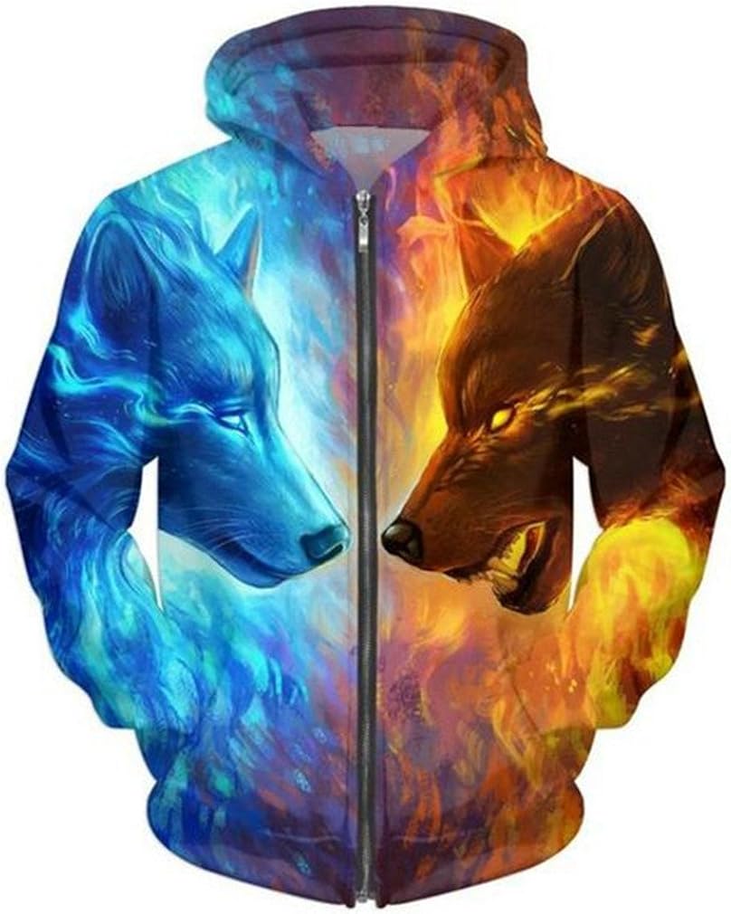 Ice and Fire 3D Wolf Zipper Hoodies Unisex Zip up Sweatshirts Men