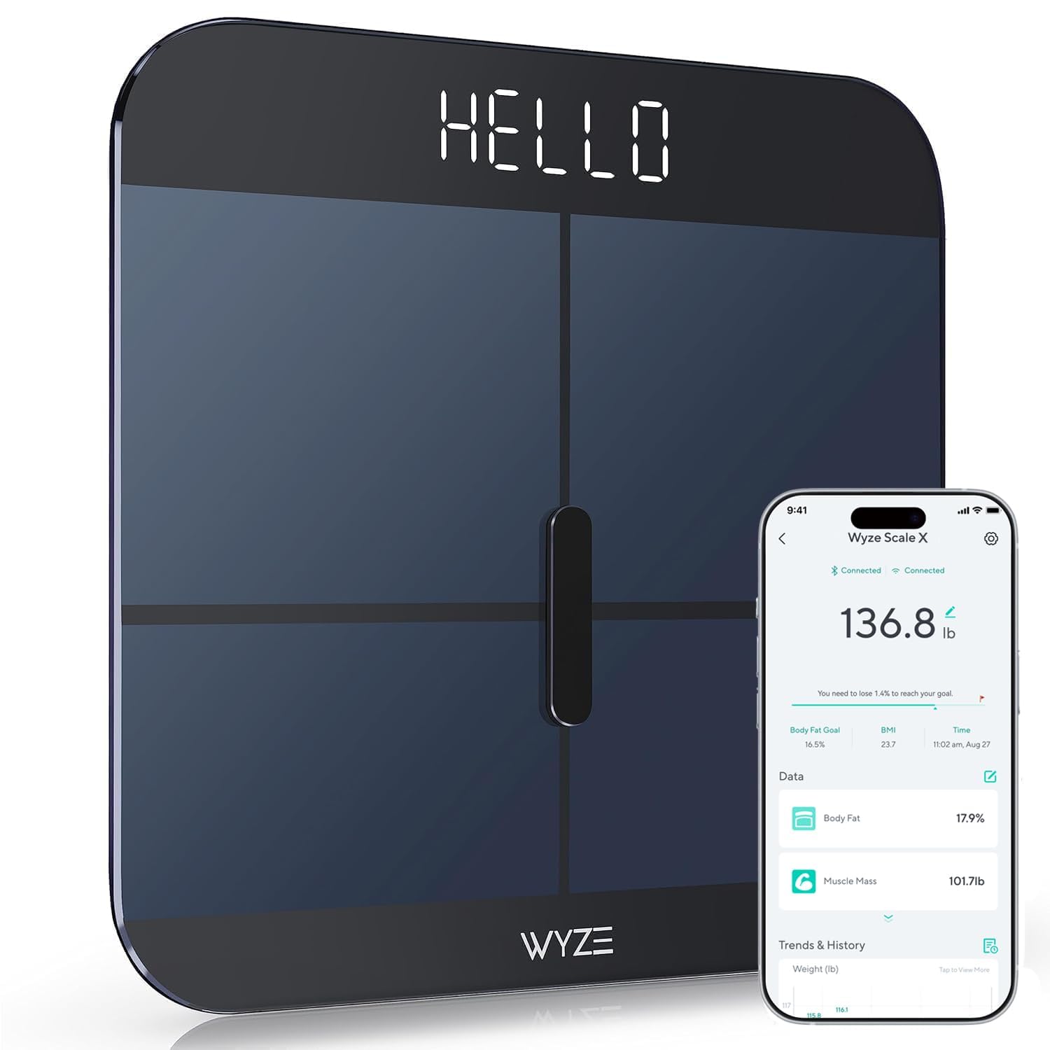 Photo 1 of Wyze Smart Scale X - Digital Bathroom Scale for Body Weight, BMI, Body Fat, Muscle Mass, Heart Rate Monitor | Sync with Health Apps | for People, Baby & Pet, 400 lbs (Black)