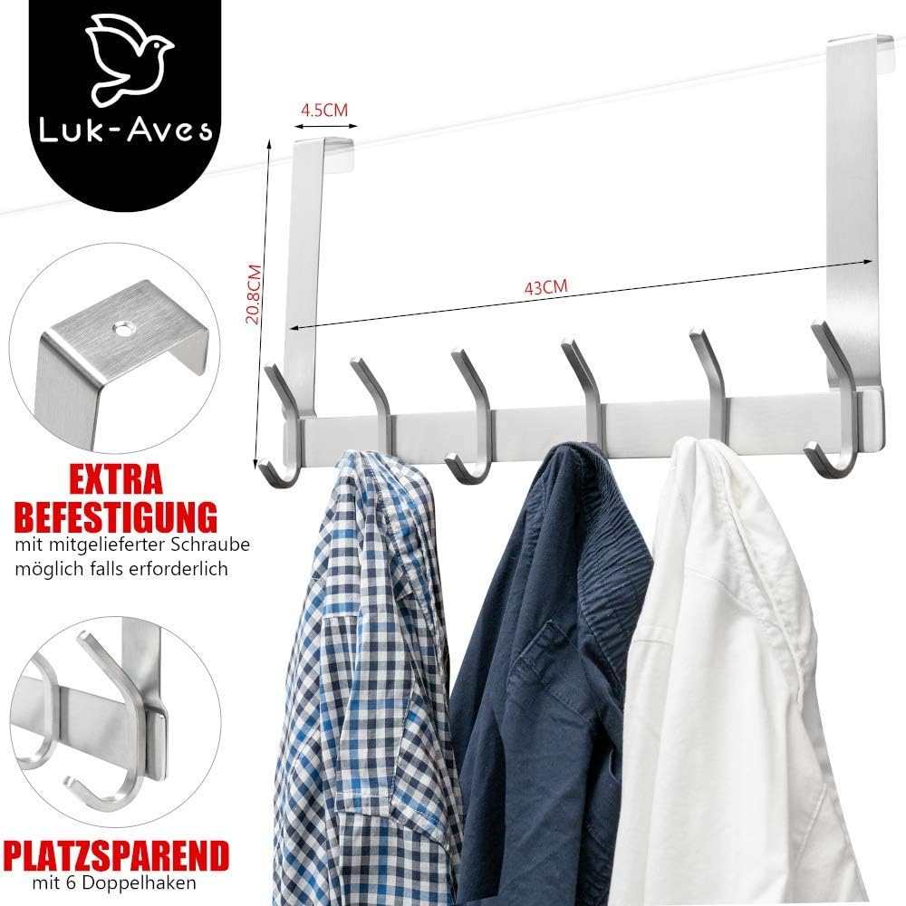 Luk-Aves® Perchero para puerta de acero inoxidable con 6 ...