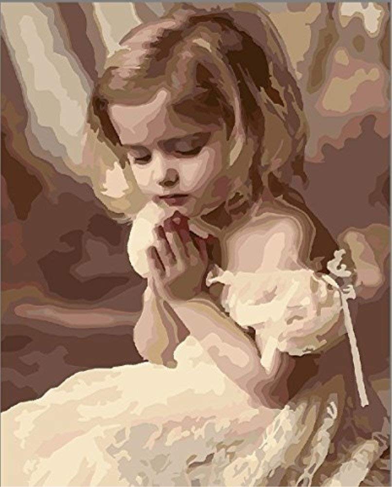 YEESAM ART Paint by Numbers for Adults Children, Little Girl Praying 16x20 Inch Linen Canvas Acrylic DIY Number Painting Kits Wall Art Decor Gifts