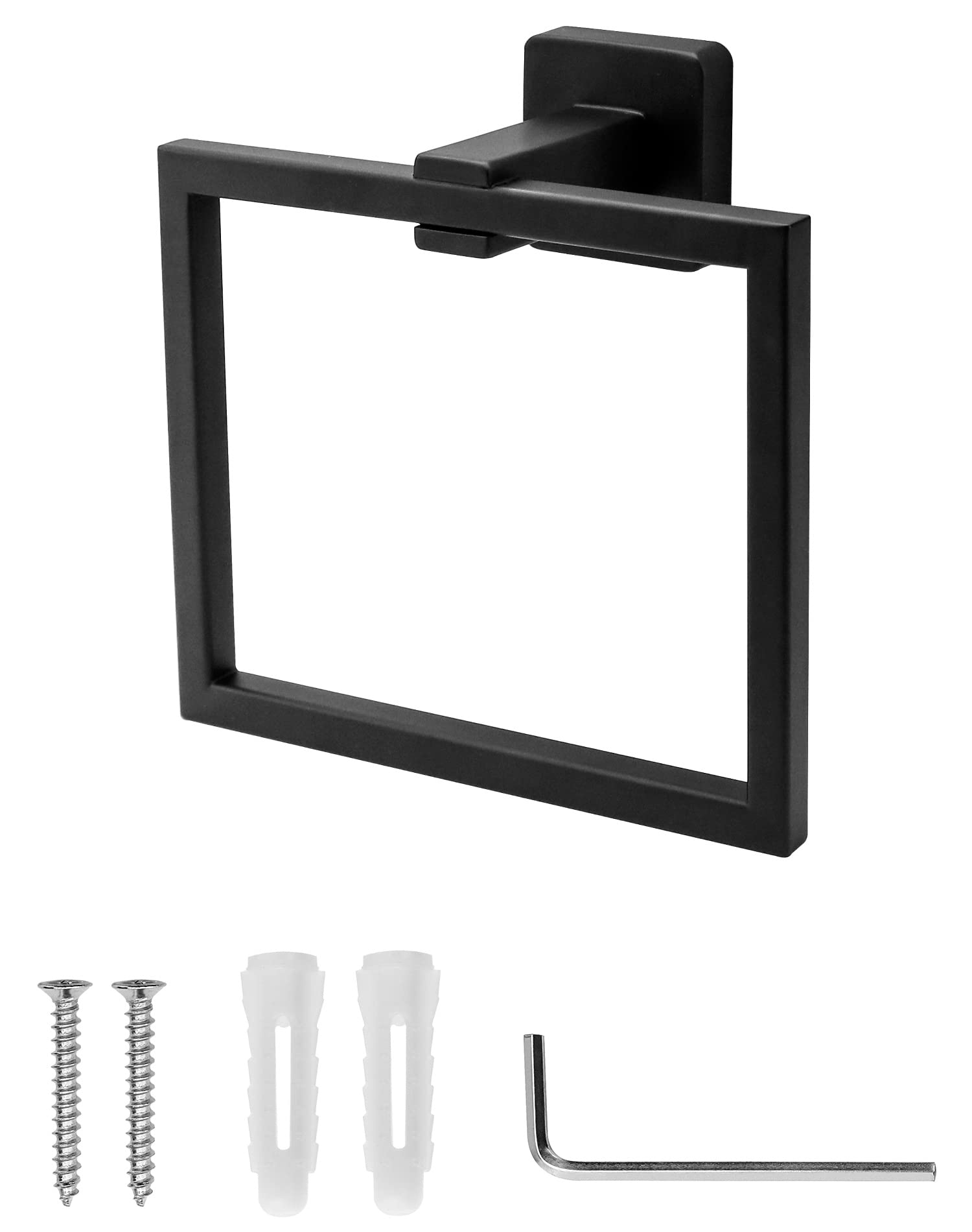 QWORK® Black Towel Ring Towel Holder, Wall Mounted Bathroom Shower Hand Towel Holder Hanger, Modern Square Style