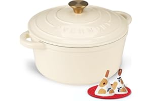 Overmont Cocotte en fonte émaillée – Batterie de cuisine de 5,4 l avec livre de cuisine en coton résistant à la chaleur – Cas