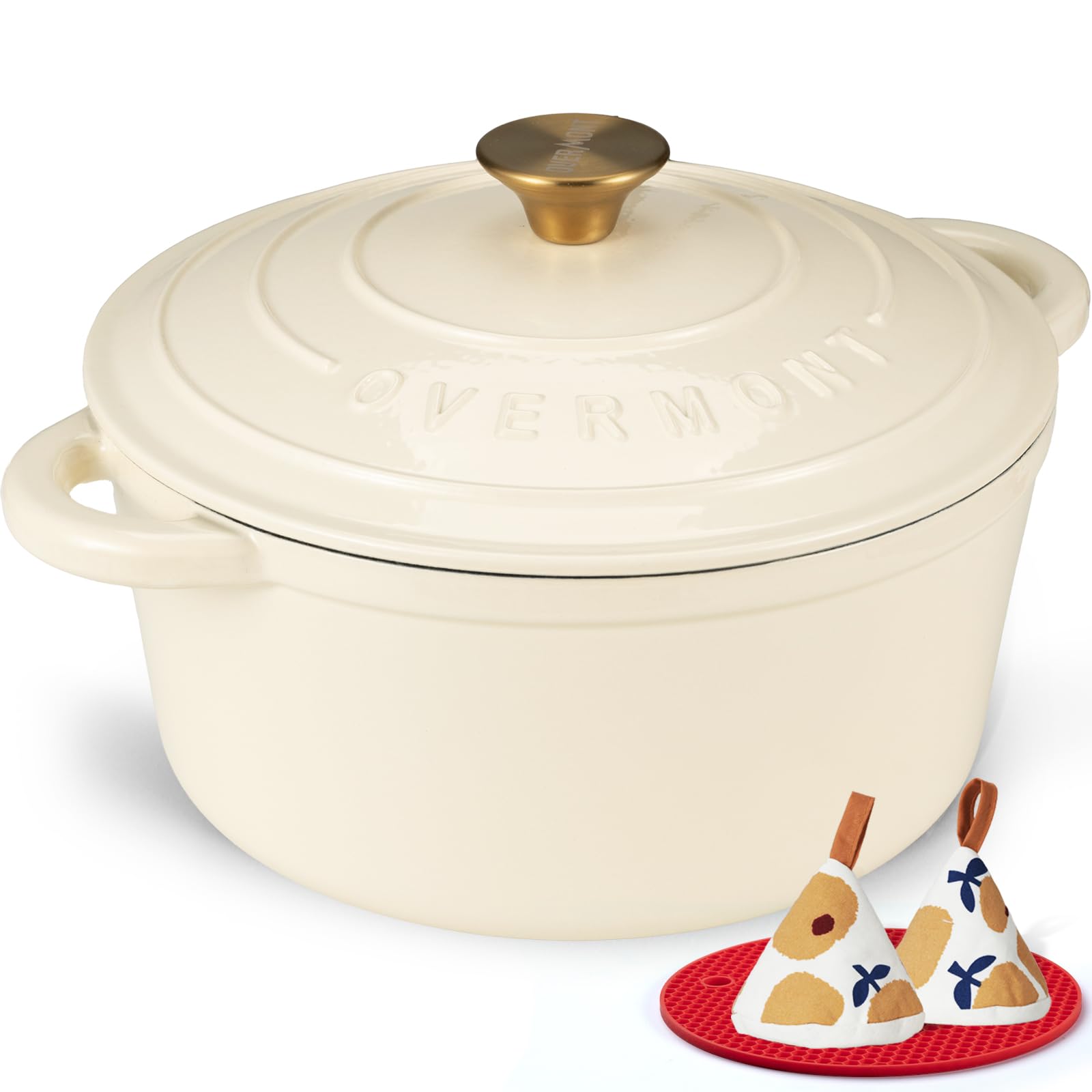 Photo 1 of Overmont Enameled Cast Iron Dutch Oven - 5.5QT Pot with Lid Cookbook & Cotton Potholders - Heavy-Duty Cookware for Braising, Stews, Roasting, Bread Baking Cream White