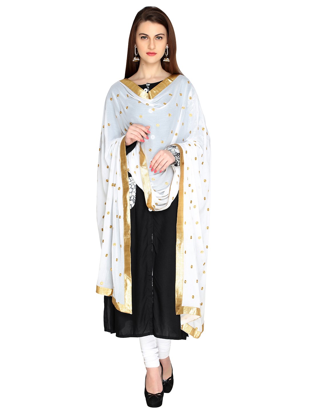 DUPATTA BAZAAR Woman's White Chiffon Dupatta With Gold Embroidery Free size