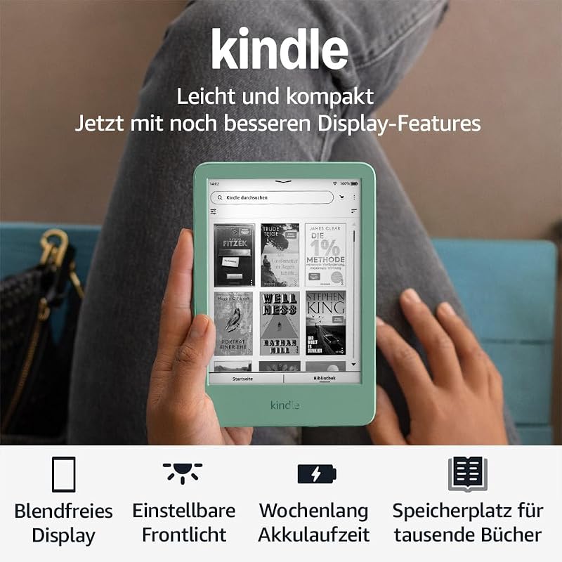 Kindle 16 GB (Version 2024) – Leicht und kompakt, mit schnellem Umblättern und hohem Kontrastverhältnis – ohne Werbung – matchagrün