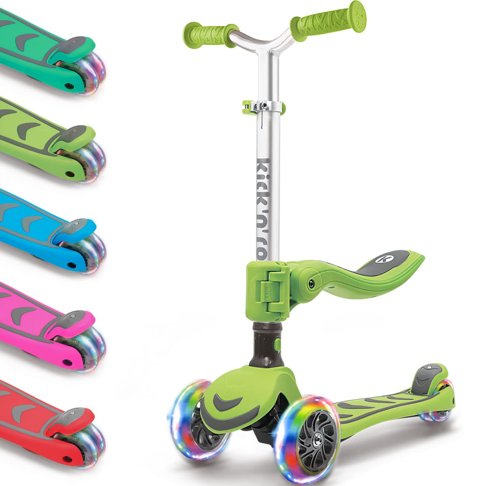 Kicknroll 2-in-1 Kick Scooter for Kids Ages 3-8, Foldable & 4 Adjustable Height with Seat, LED Flash 3 Wheel, Load 50 kg, Wide &Anti-Slip Deck, Toddler Scooter