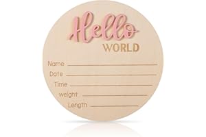 NQEUEPN Newborn Announcement Sign, 5.9in Wooden Hello World Sign, Baby Welcome, Birth Baby Name Plaques, Light Pink