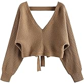 ZAFUL Women's V Neck Cropped Sweater Ribbed Knit Pullover Tops Sexy Drop Shoulder Jumpers