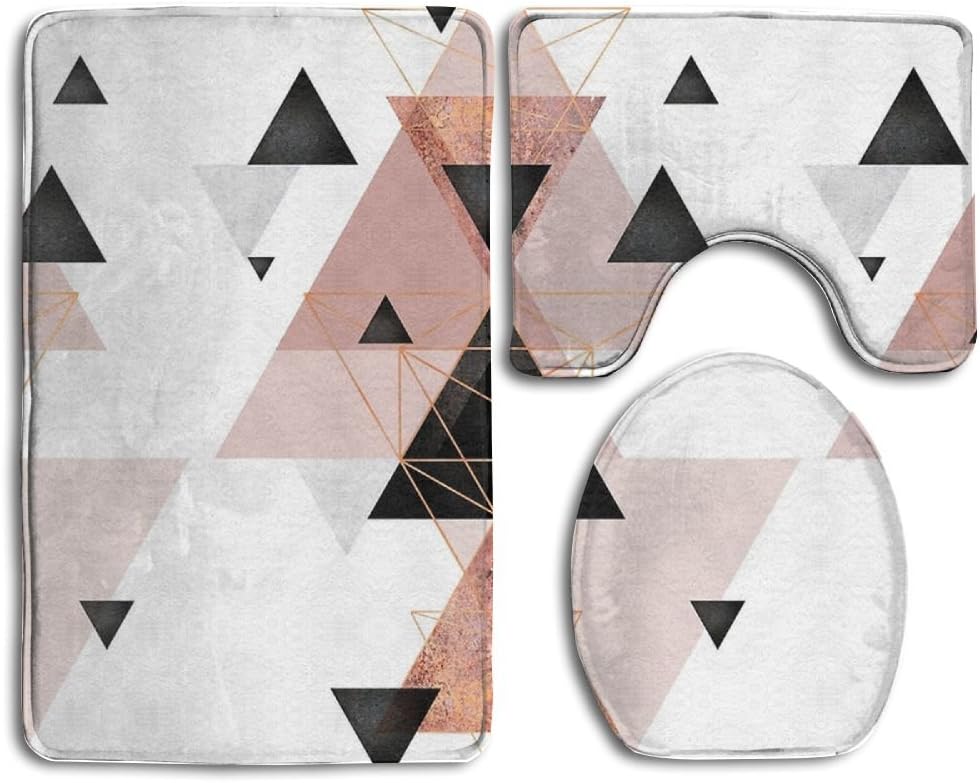 PL FASHION Novel Geometric Triangles and Rose Gold Christmas Prints 3 Piece Non-Slip Bathroom Rugs Set Living Room Anti-Skid Pads Bath Mat + Contour + Toilet Lid Cover
