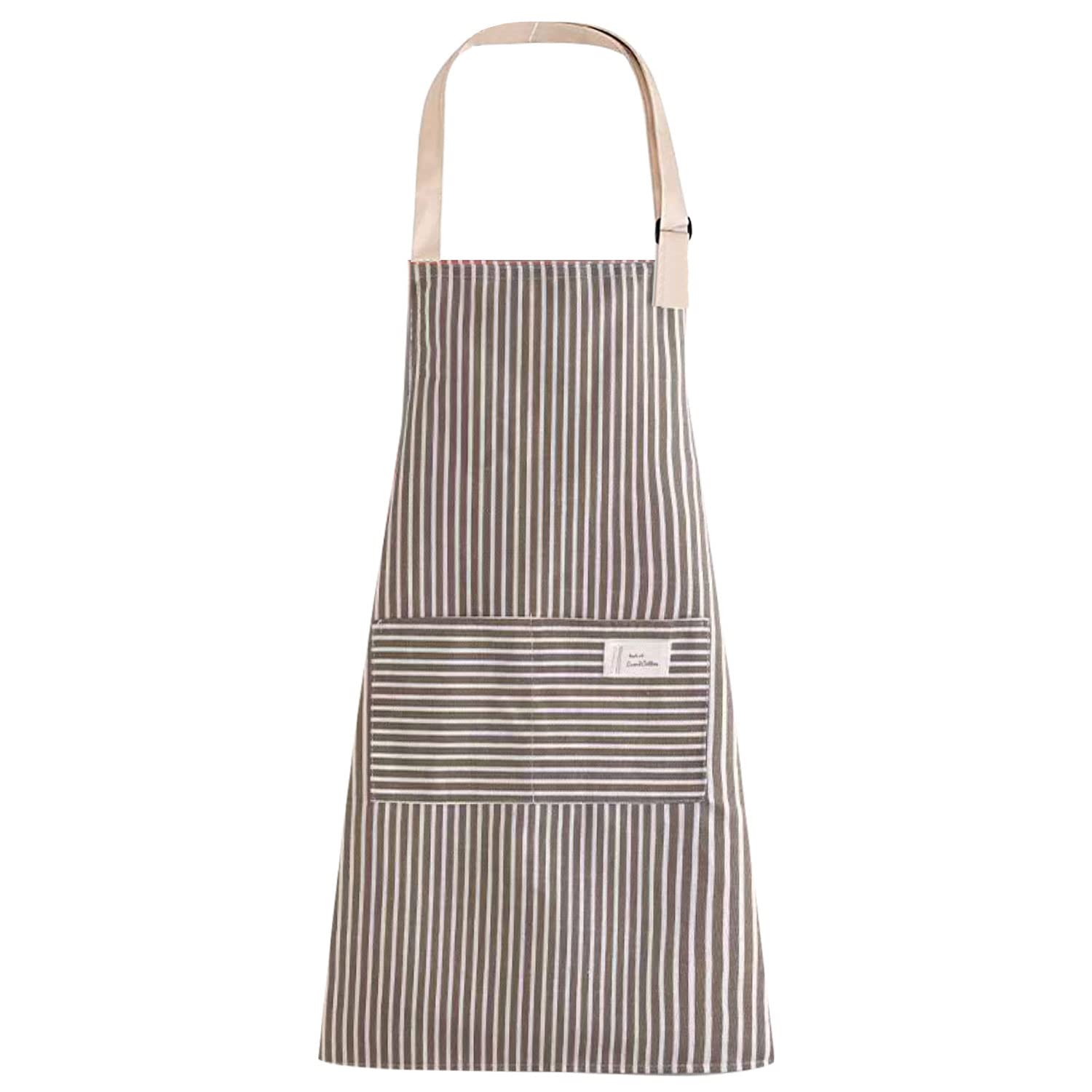 LECTNORE Stripe Chef Apron with 2 Pockets, Adjustable Cotton Kitchen Apron for Cooking, Light Brown