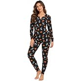 Halloween Pajamas Sexy Onesie Women PJS Jumpsuit Soft Bodycon Sleepwear | Skulls Pumpkins Long Sleeve Loungewear Set Skeleton