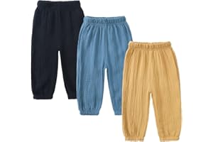 Kids Tales 3 Pack Boys Girls Cotton Linen Pants Child Basic Plain Solid Trousers Big Kids Elastic Waist Long Pants Bloomers