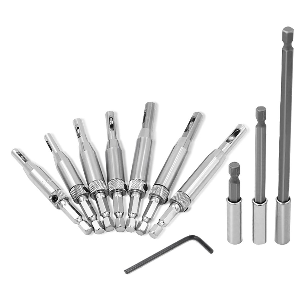 NUZAMAS Set of 7 Hex Shank Hinge Centering Drill Bits Woodworking Door Cabinet Window Hole Saw with 3 Extenshion Bars 65mm 100mm 150mm