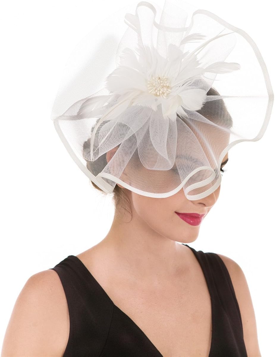 Fascinator Hat Feather Mesh Net Veil Party Flower Derby with Clip and Hairband for Women (A1-Large White Mash) - Image 4