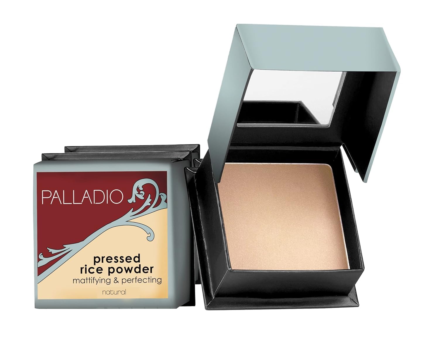 Palladio, Pressed Rice Powder with Mirror Mattifying Makeup Setting that Lasts All Day Instantly Absorbs Oil Works alone or with makeup, Natural