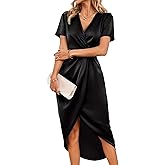 Sexyshine Women's Wrap V Neck Short Sleeve Satin Midi Dress Split Hem Ruched Pleated Formal Evening Party Dresses