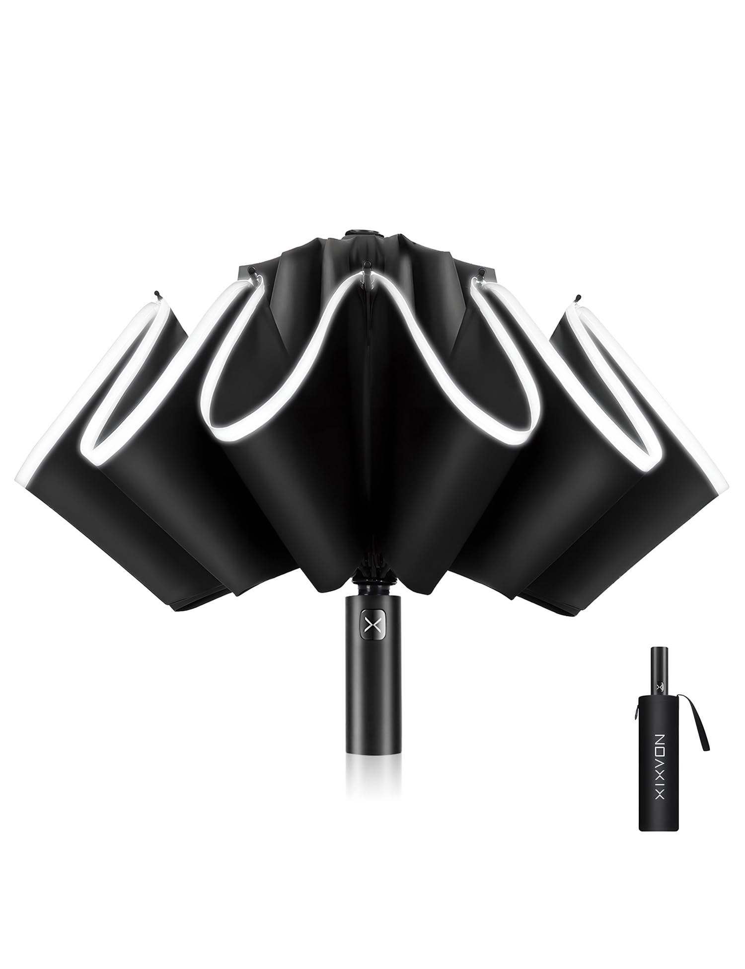 XIXVON Umbrella Pro (10 Ribs, Black) | UPF 50+ 99% UV Protection, Reflective Safety Strip, Sturdy Windproof, Travel Portable, Automatic | Reverse Folding Umbrella