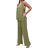 Tankaneo Womens 2 Piece Linen Sets Summer Outfits Sleeveless V Neck Botton Down Tank Tops and Pants Matching Set