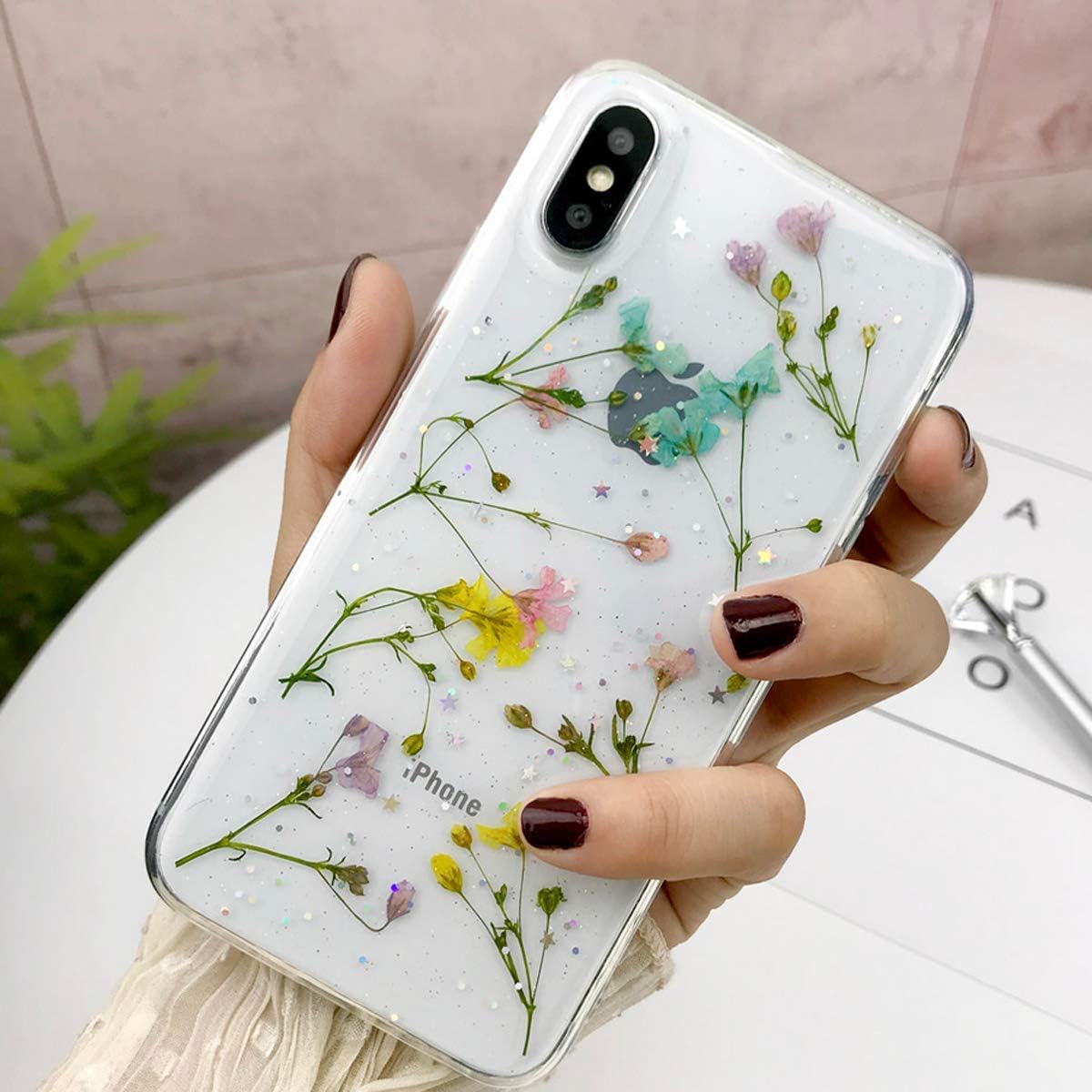 Amazon Com Compatible With Iphone X Xs Flower Case Feibili Soft Clear Flexible Rubber Pressed Dry Real Flowers Case Girls Glitter Floral Cover For Iphone Iphone X Xs More Color