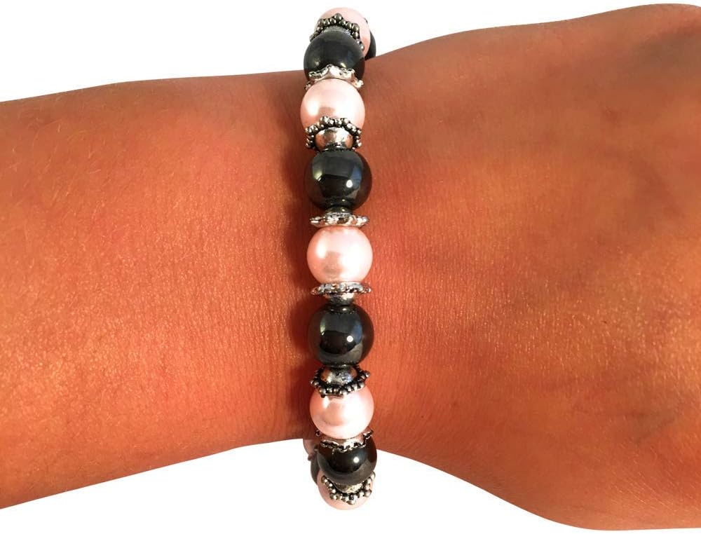 Magnetic Hematite & Faux Pink Pearl Bracelet for Women, Stretch Beaded Fashion Jewellery, Elegant Light-Catching Pearls - Image 4