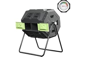 SQUEEZE master Large Compost Tumbler Bin - Outdoor Garden Rotating with Thermometer -Automatic Temperature Measurement-Sturdy Steel Frame - 43Gallon (2-21.5Gal)- Green Door