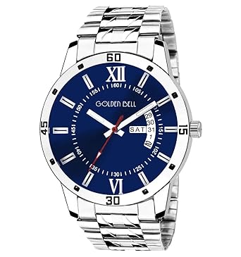Golden Bell Original Day and Date Multifunction Blue Dial Silver Steel Chain Mens Watch - GB-1302