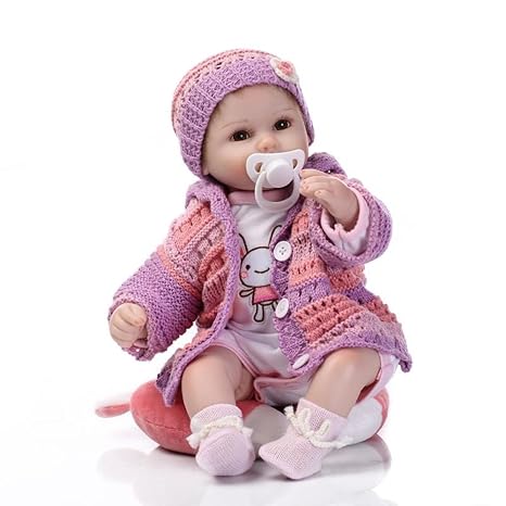 Walmeck-1 Walmeck Doll Reborn Doll Silicone Doll Eyes Open with Clothes Hair 16Inch 40Cm Lifelike Toy Purple Knitwear