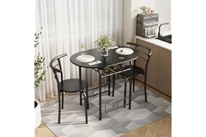 Shahoo 3-Piece Wooden Dining Table Set, Kitchen Breakfast Nook Sets with 2 Chairs & Round Tabletop, Space Saving Furniture Metal Frame and Built-in Wine Rack, Black