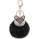 Fox Head Keychain with Faux Fur Pom-Pom, Bling Rhinestones and Simulated Pearl Inlaid Key Chain for Women Girls