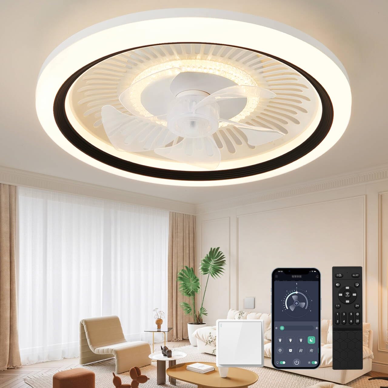 Ceiling Fan Light, Ceiling Light with Fan, 19.7 inches (50 cm) Fan, 2-in-1, App/Remote Control, LED Ceiling Light, DC Motor, Ceiling Fan, Daylight White, Light Bulb Color, Stepless Dimming, 6