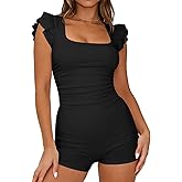 REVETRO Women's Rompers Summer Short Sleeve Sexy Shorts Jumpsuit One Piece Fitted Bodysuit Pajama Set for Gym Yoga