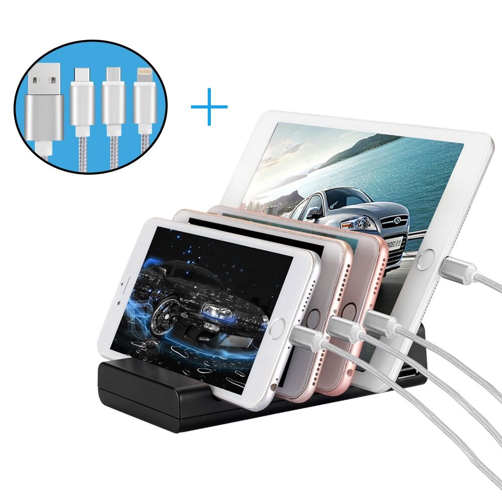 Estación De Carga USB-TOSCiDO 4 Puertos Soporte de Carga Multi Carga Inteligente Incluido El Cable De Carga Rápida 3 En 1 Para iPhone,iPad, Samsung, Smartphones, Tablets