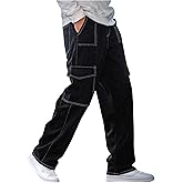 VIPWOLF Men's Top Stitching Baggy Cargo Pants Y2K Drawstring Flap Pockets Casual Track Pants Trousers