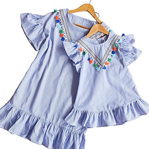 Mother Daughter Dress Family Matching Clothes Cotton Striped Tassel