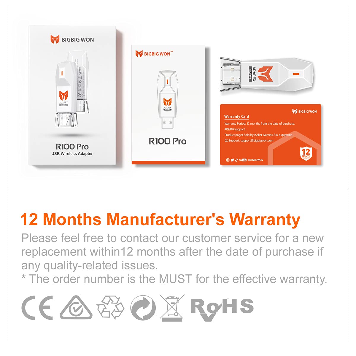 BIGBIG WON R100 Pro Wireless Adapter for Xbox One X|S/Xbox Series X|S/Elite Series 2/PS5/PS4/Switch Controller - Play on PS4/Switch/PC Windows11&10 (1pc)