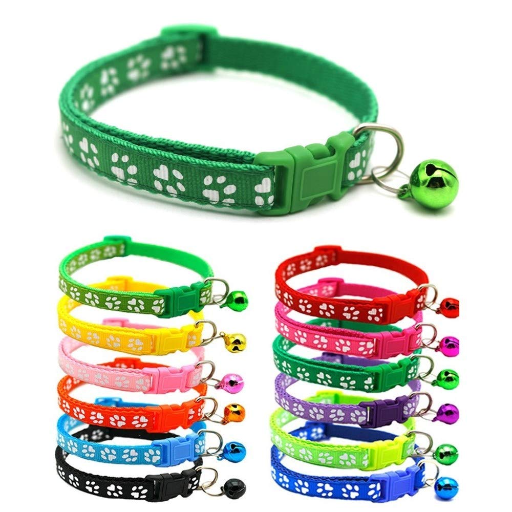 Small Dog Puppy Pet Collar Pawprint Design with Bell Nylon Adjustable Size 19-32cm Green — image 1