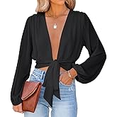LYANER Women's Deep V Neck Long Sleeve Tie Front Knot Sexy Wrap Crop Top Blouse